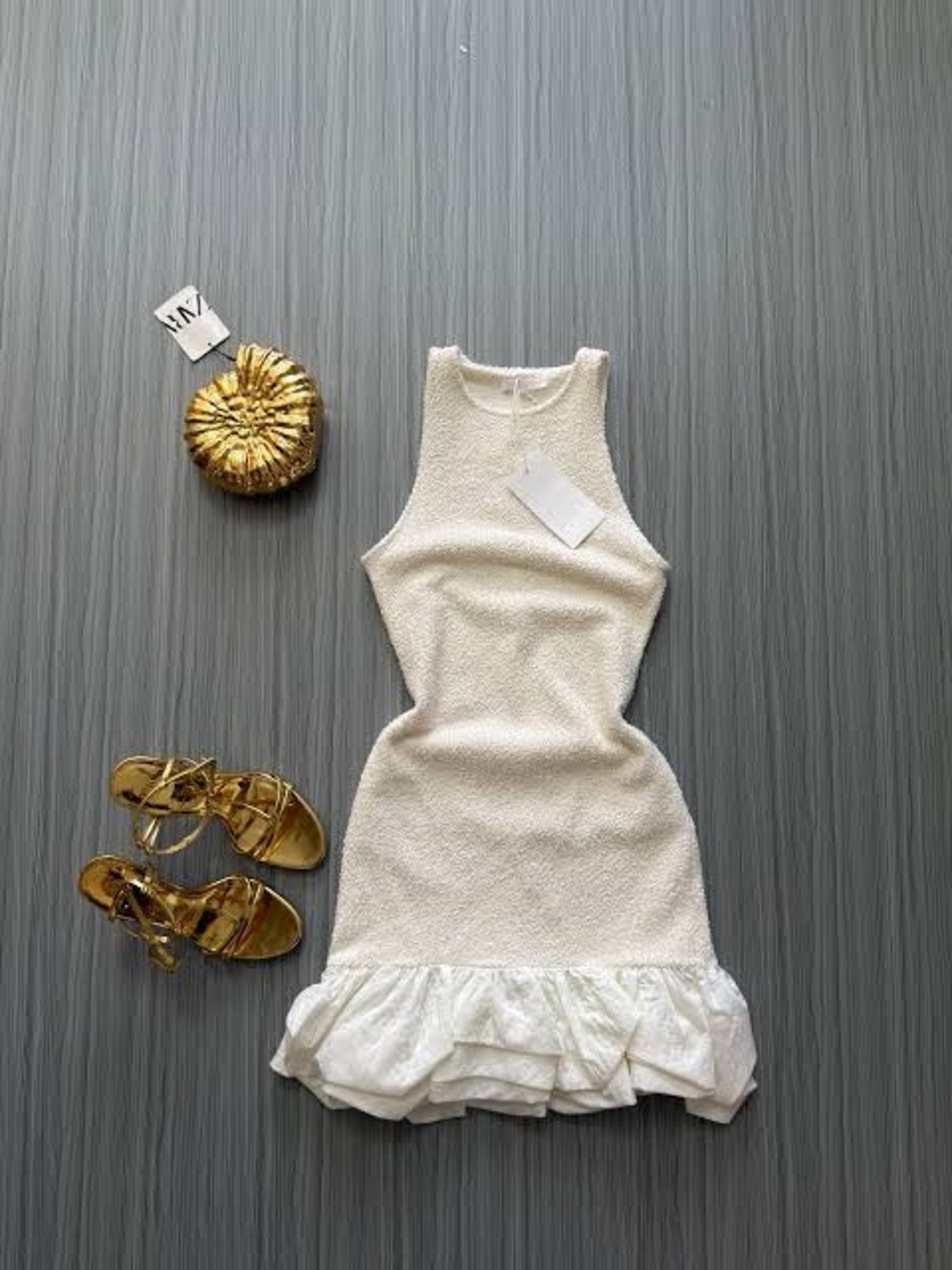 Zara Cream Textured Sleeveless Mini Dress with Ruffle Hem